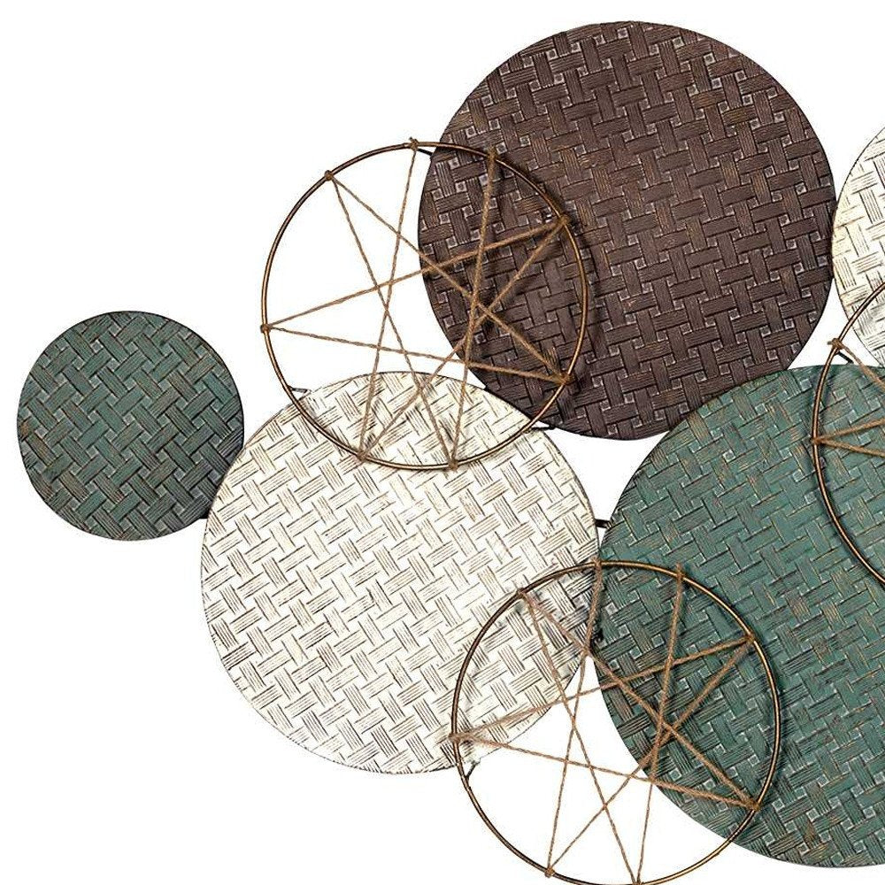 47" Bronze Green and White Metal and Jute Plates Distressed Wall Decor