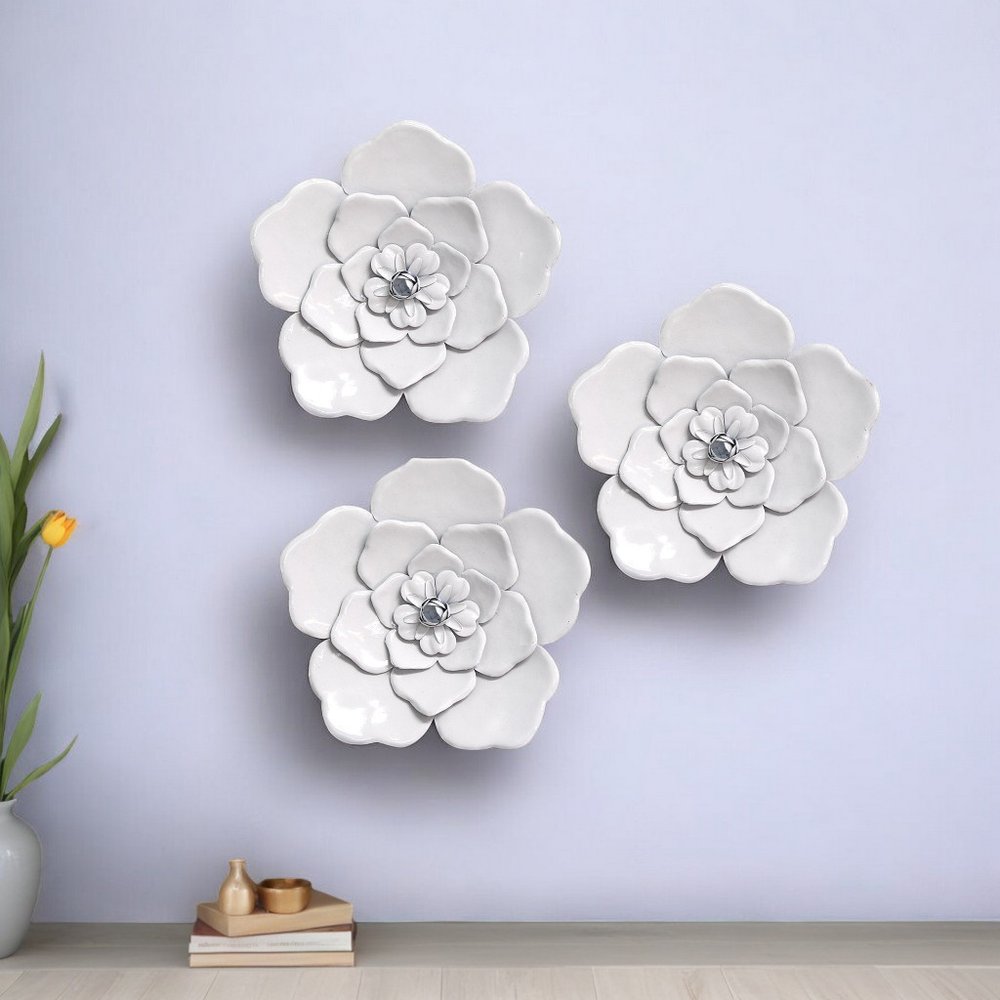 Set of Three 8" x 8" White Metal Flower Wall Decor