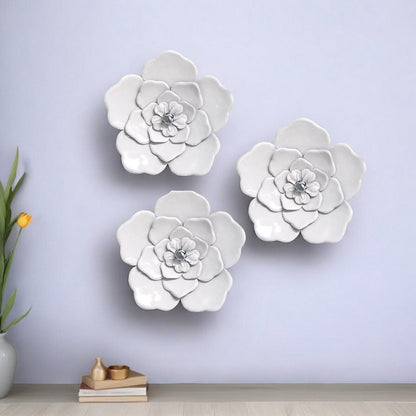 Set of Three 8" x 8" White Metal Flower Wall Decor