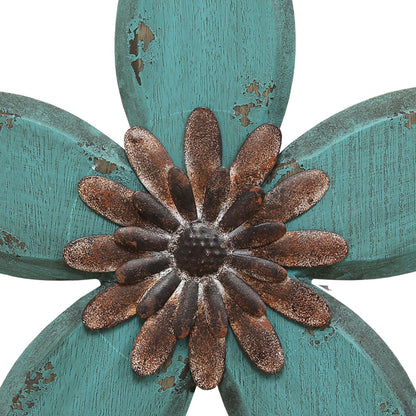 Distressed Teal And Red Antique Flower Metalwall Decor