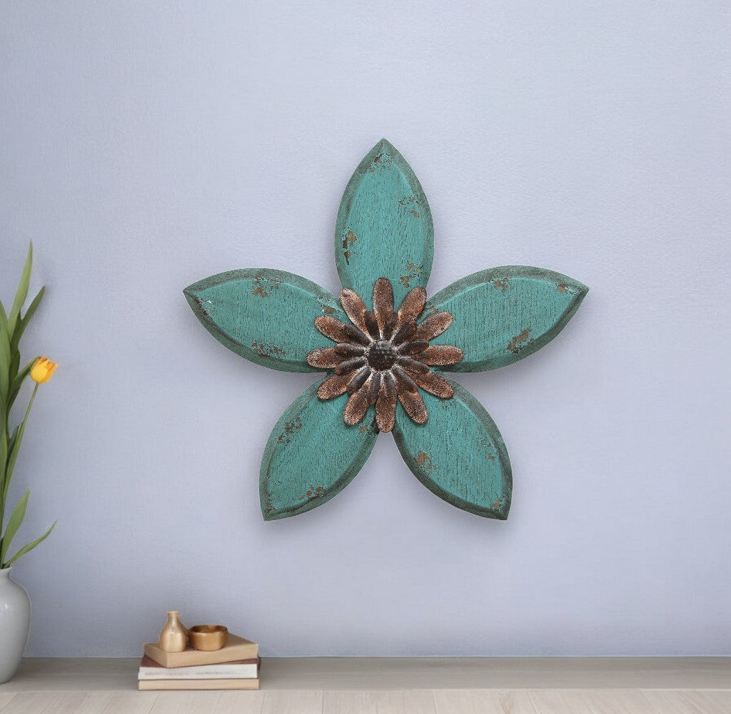 Distressed Teal And Red Antique Flower Metalwall Decor