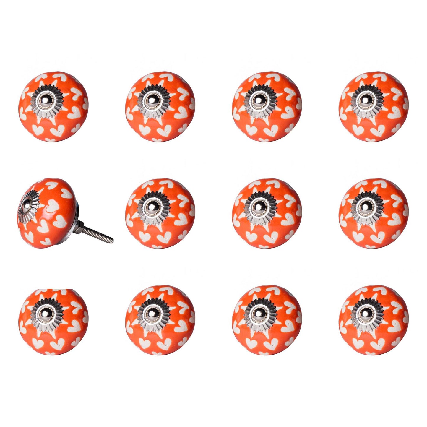 Set of Twelve Orange White And Silver Floral Ceramic Drawer Pull Knobs