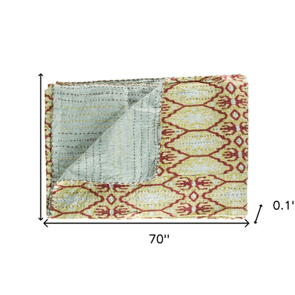 50" X 70" Red and Green Kantha Cotton Abstract Throw Blanket with Embroidery