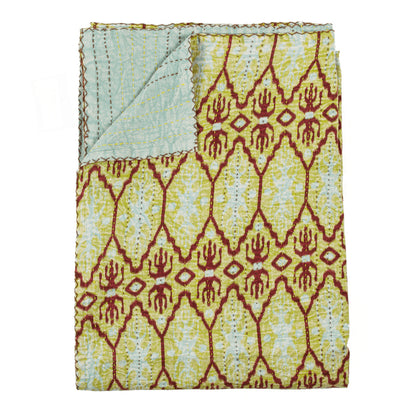 50" X 70" Red and Green Kantha Cotton Abstract Throw Blanket with Embroidery