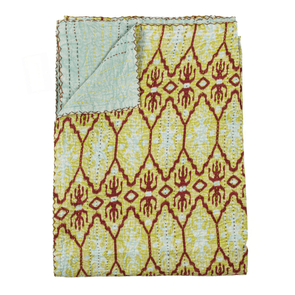 50" X 70" Red and Green Kantha Cotton Abstract Throw Blanket with Embroidery