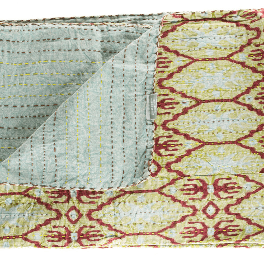 50" X 70" Red and Green Kantha Cotton Abstract Throw Blanket with Embroidery