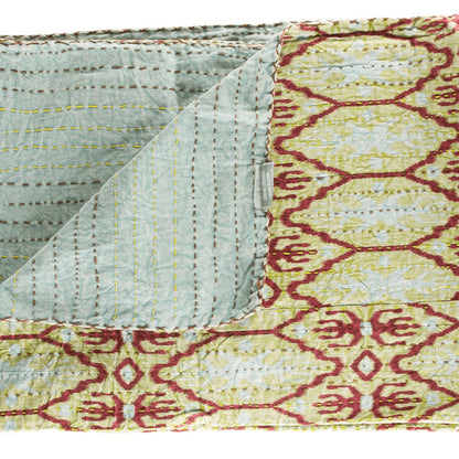 50" X 70" Red and Green Kantha Cotton Abstract Throw Blanket with Embroidery