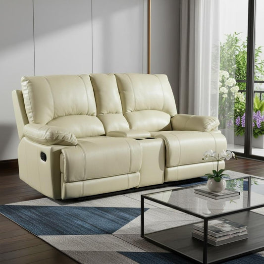 76" Beige Faux Leather Manual Reclining Love Seat With Storage