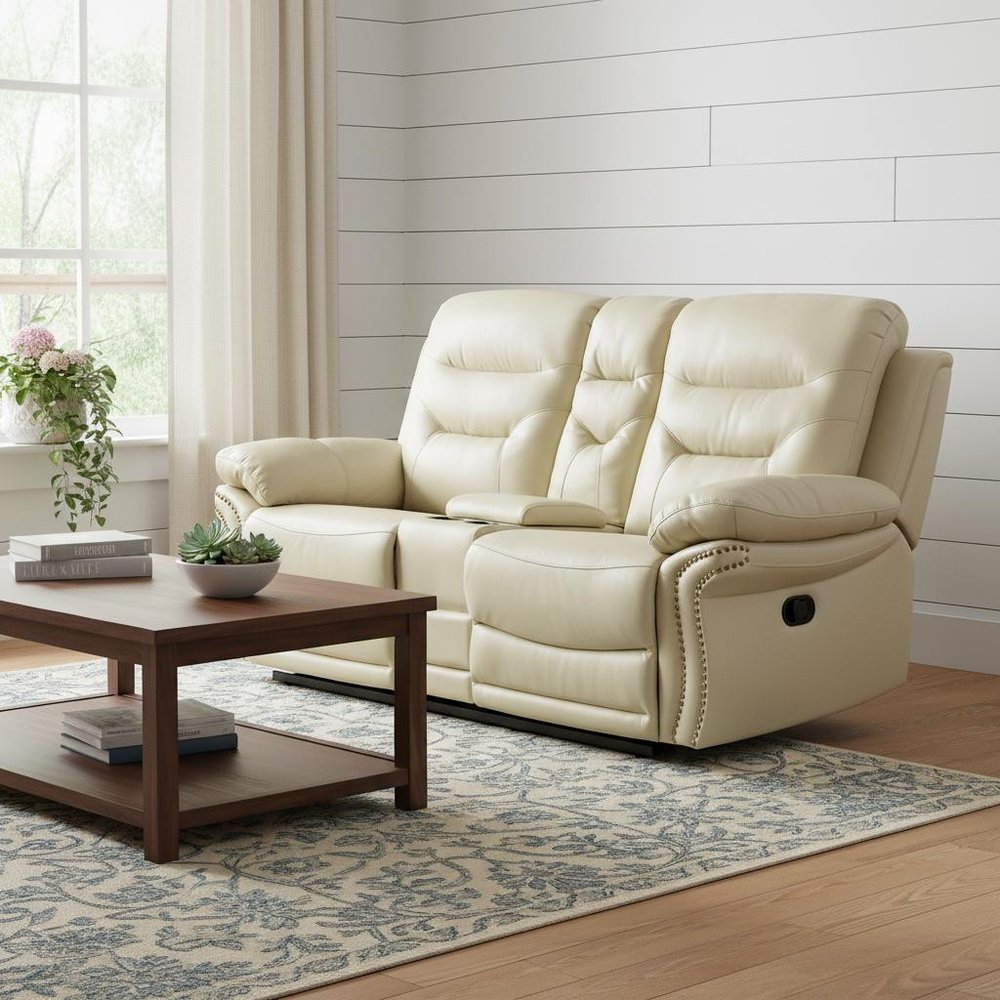 75" Beige Faux Leather Manual Reclining Love Seat With Storage