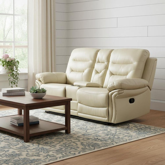 75" Beige Faux Leather Manual Reclining Love Seat With Storage