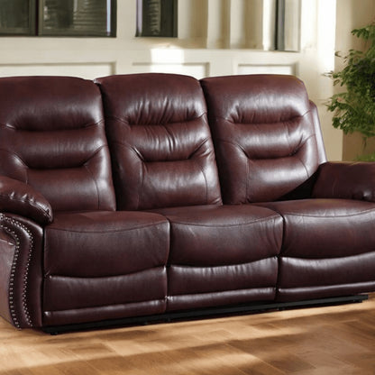 90" Burgundy Faux Leather Reclining Sofa With Black Legs