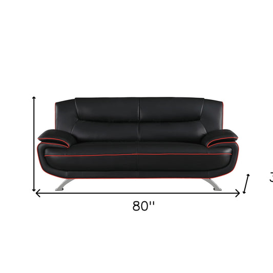 80" Black Leather Sofa With Silver Legs