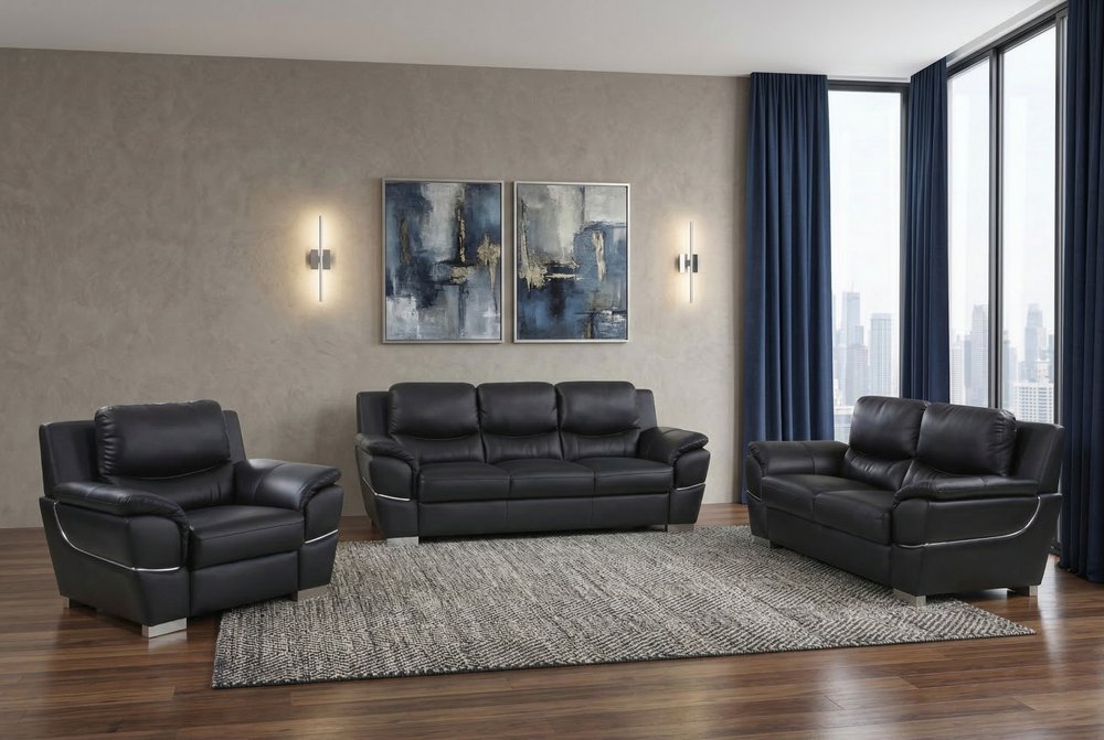 Three Piece Indoor Black Genuine Leather Six Person Seating Set