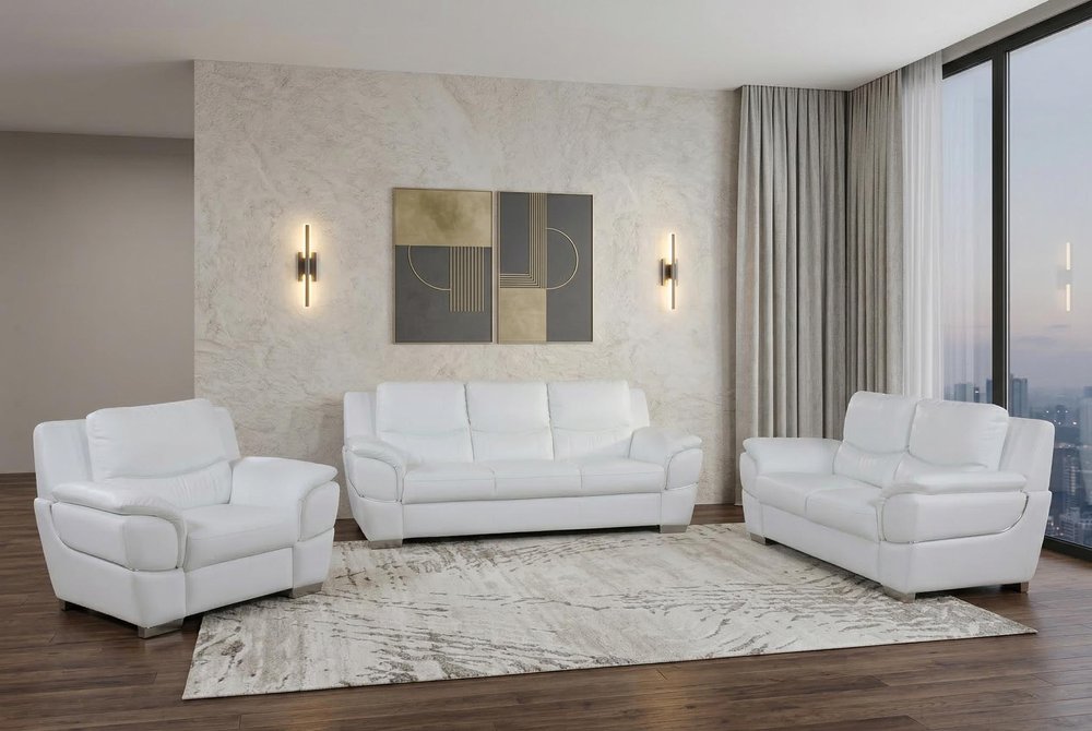 Three Piece Indoor White Genuine Leather Six Person Seating Set