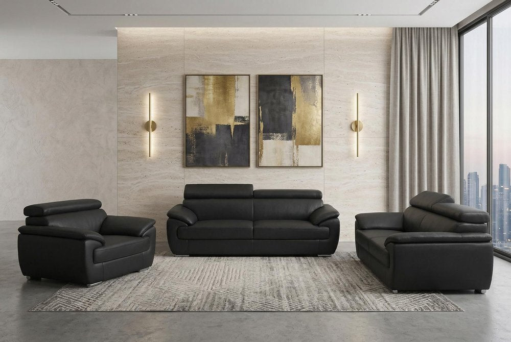 Three Piece Indoor Black Genuine Leather Six Person Seating Set