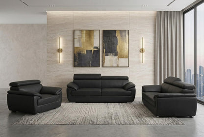 Three Piece Indoor Black Genuine Leather Six Person Seating Set