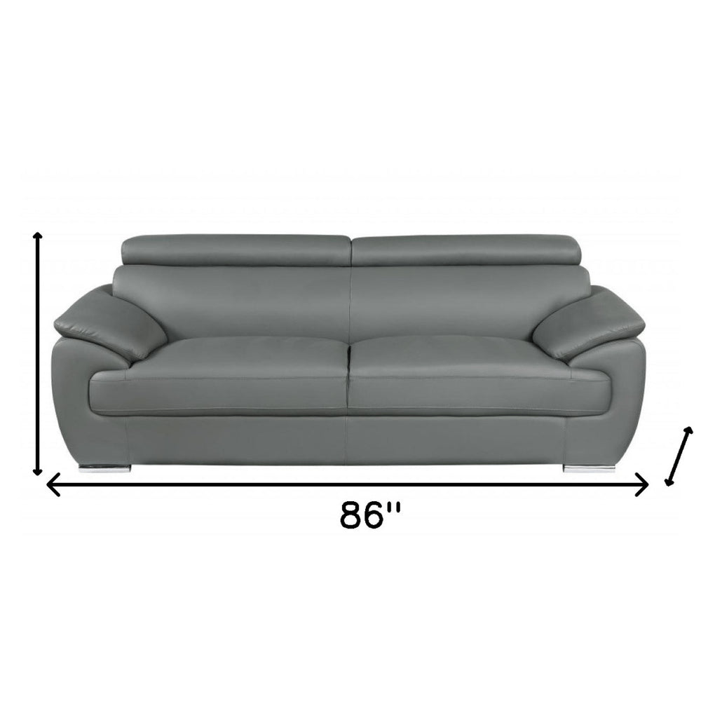 86" Gray Leather Sofa With Silver Legs