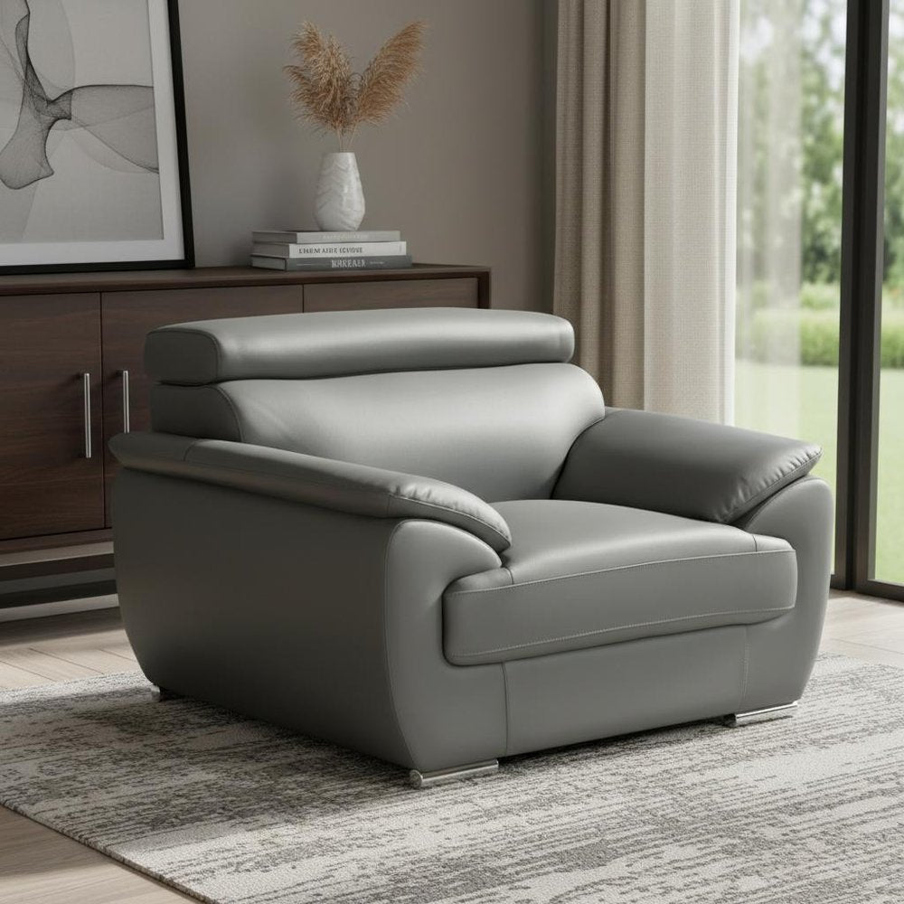 38" Gray And Silver Genuine Leather Chair and a Half