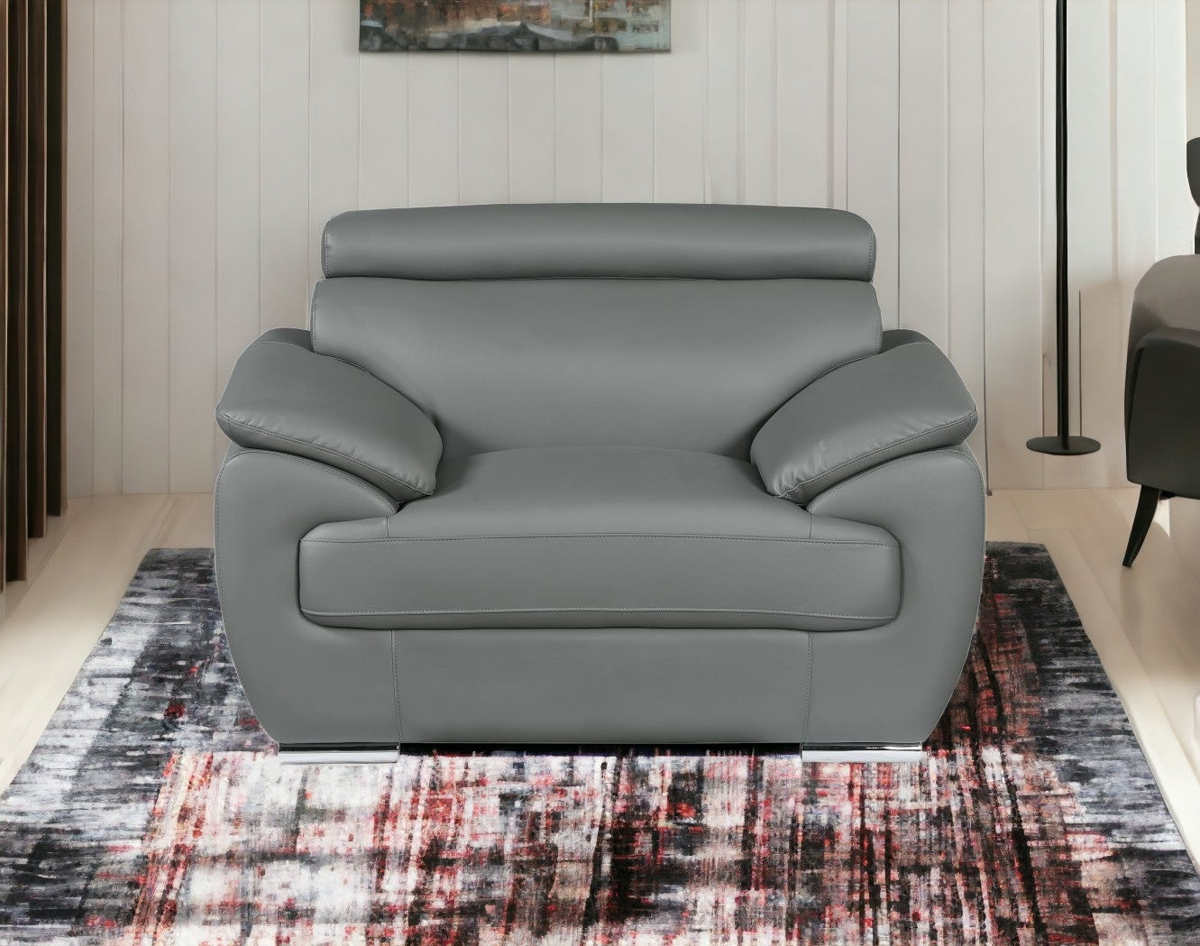 38" Gray And Silver Genuine Leather Chair and a Half
