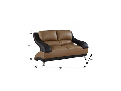 62" Brown and Black And Silver Faux Leather Loveseat