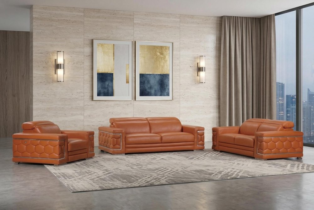 Three Piece Indoor Camel Italian Leather Six Person Seating Set