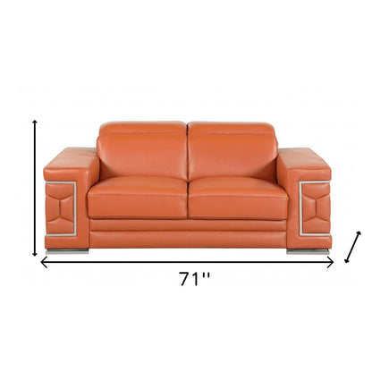 71" Camel And Silver Genuine Leather Love Seat