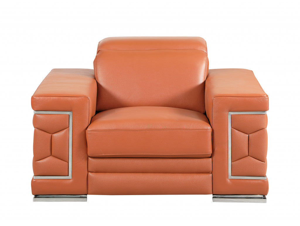 47" Brown And Silver Genuine Leather Arm Chair