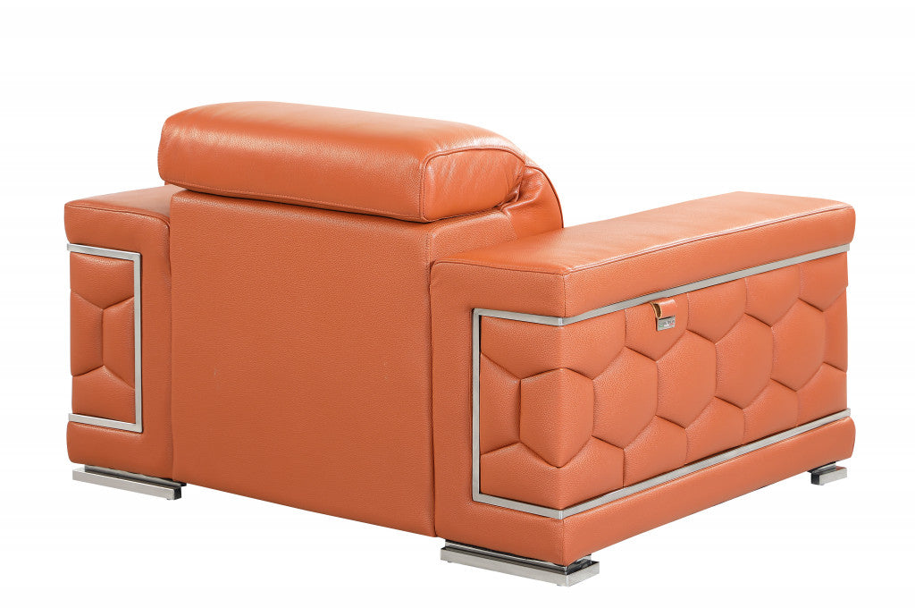 47" Brown And Silver Genuine Leather Arm Chair