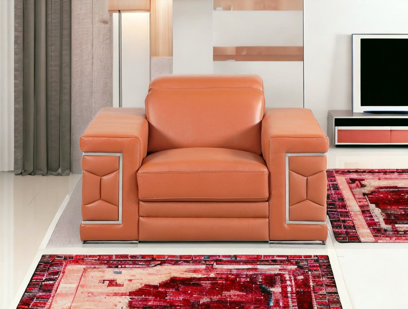 47" Brown And Silver Genuine Leather Arm Chair