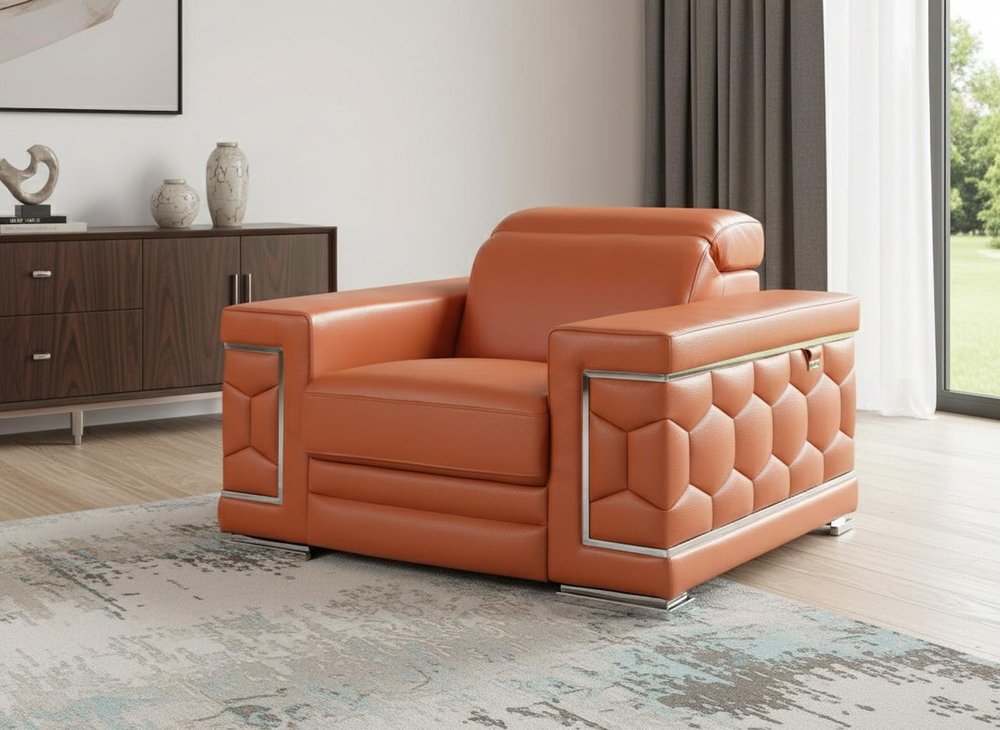 47" Brown And Silver Genuine Leather Arm Chair