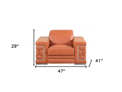 47" Brown And Silver Genuine Leather Arm Chair