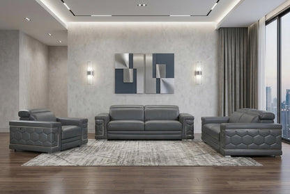 Three Piece Indoor Dark Gray Italian Leather Six Person Seating Set