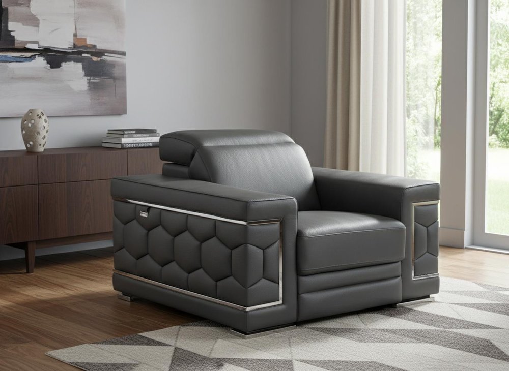 47" Dark Gray And Silver Genuine Leather Arm Chair