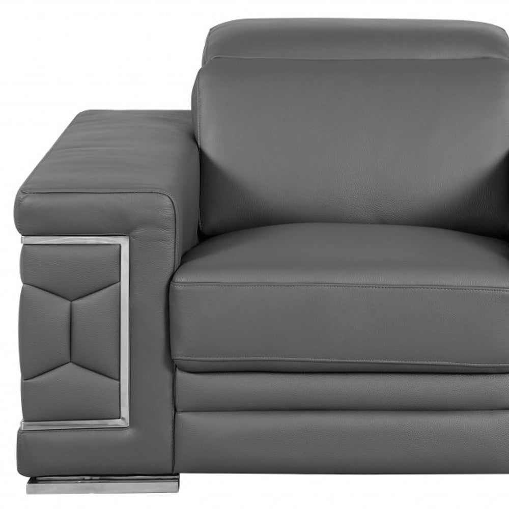 47" Dark Gray And Silver Genuine Leather Arm Chair
