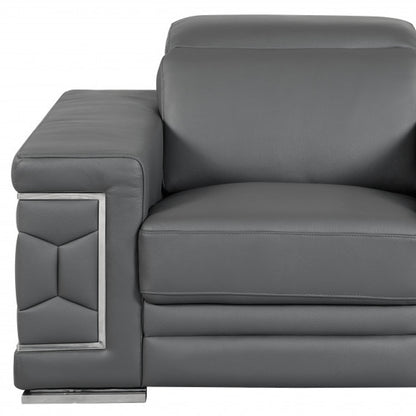 47" Dark Gray And Silver Genuine Leather Arm Chair