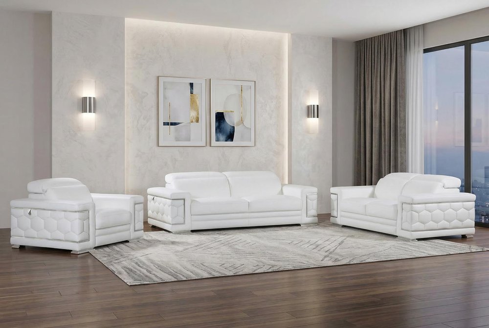 Three Piece Indoor White Italian Leather Six Person Seating Set