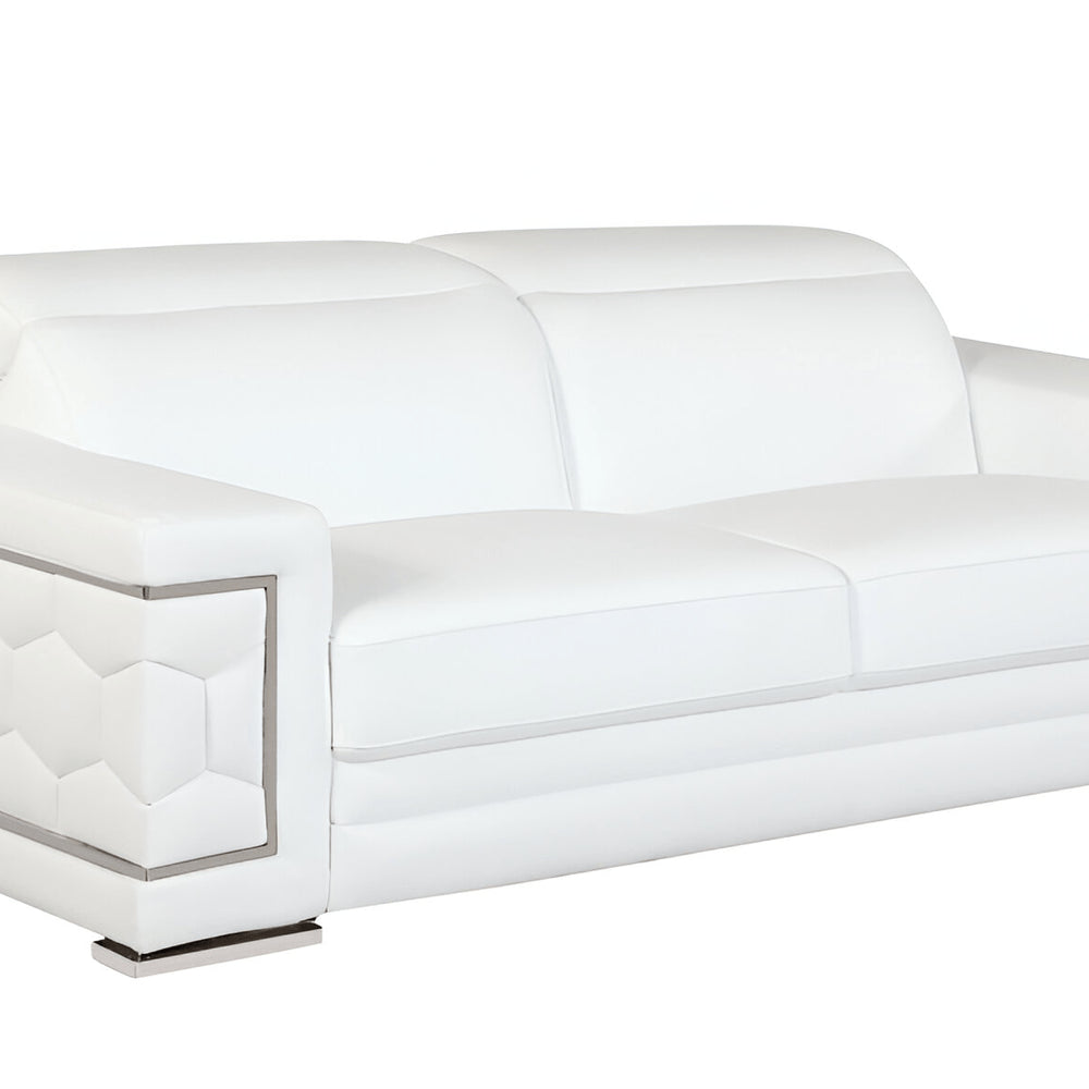 89" White Italian Leather Sofa With Silver Legs