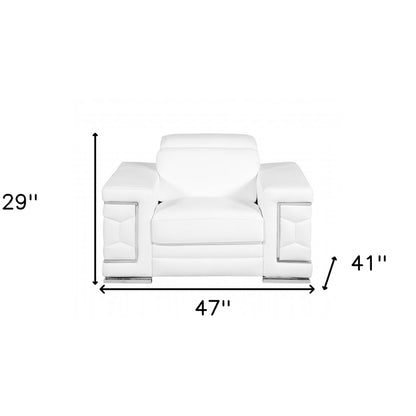 47" White And Silver Genuine Leather Arm Chair