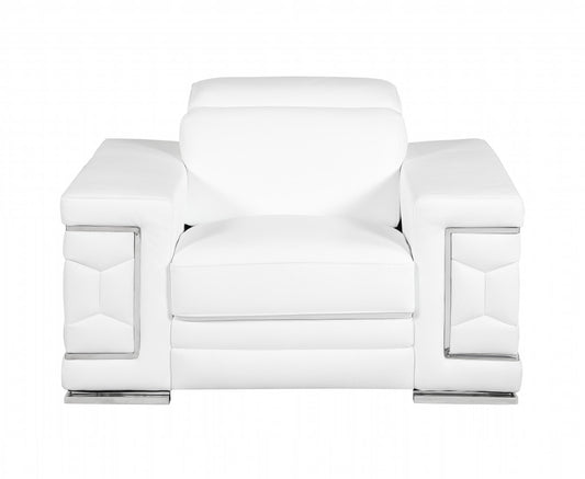 47" White And Silver Genuine Leather Arm Chair