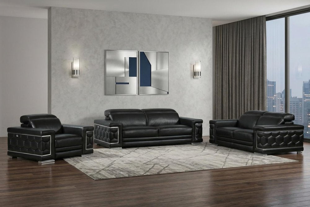 Three Piece Indoor Black Italian Leather Six Person Seating Set