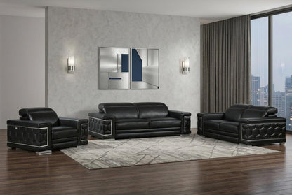 Three Piece Indoor Black Italian Leather Six Person Seating Set