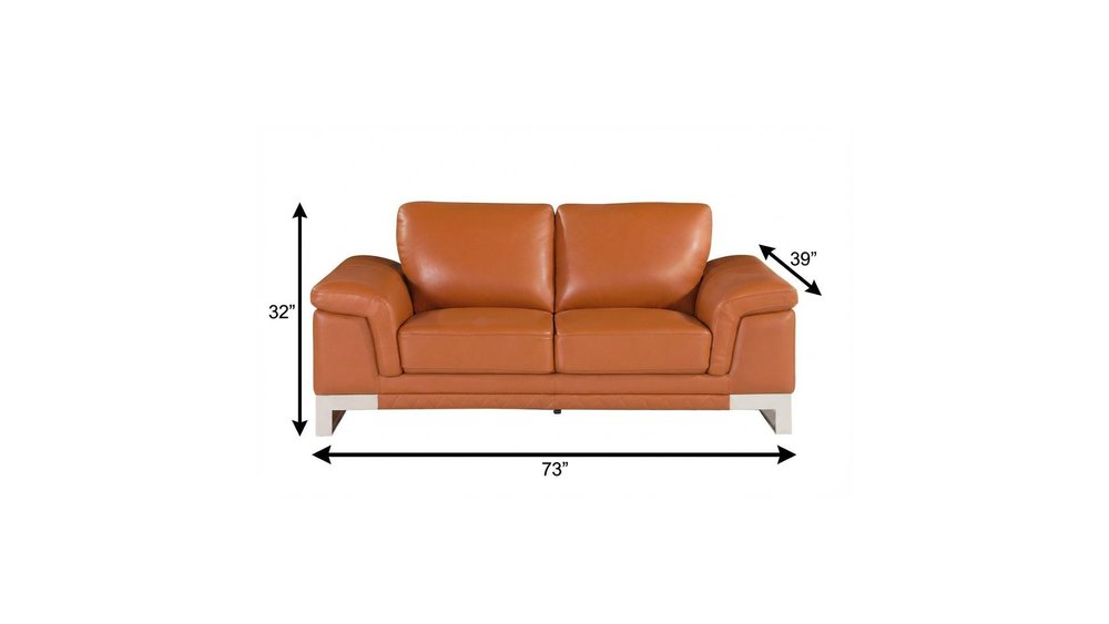 73" Camel And Silver Genuine Leather Loveseat