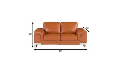 73" Camel And Silver Genuine Leather Loveseat
