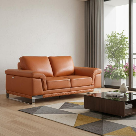 73" Camel And Silver Genuine Leather Loveseat