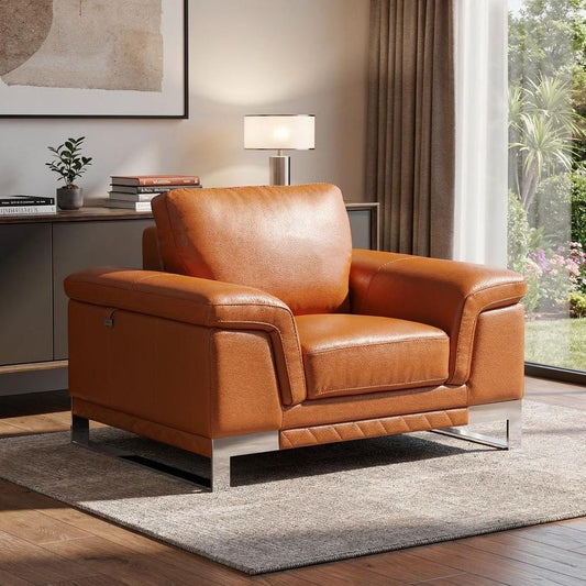 49" Brown And Silver Genuine Leather Arm Chair