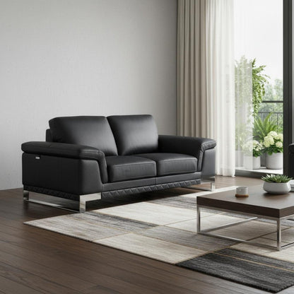 73" Black And Silver Genuine Leather Love Seat