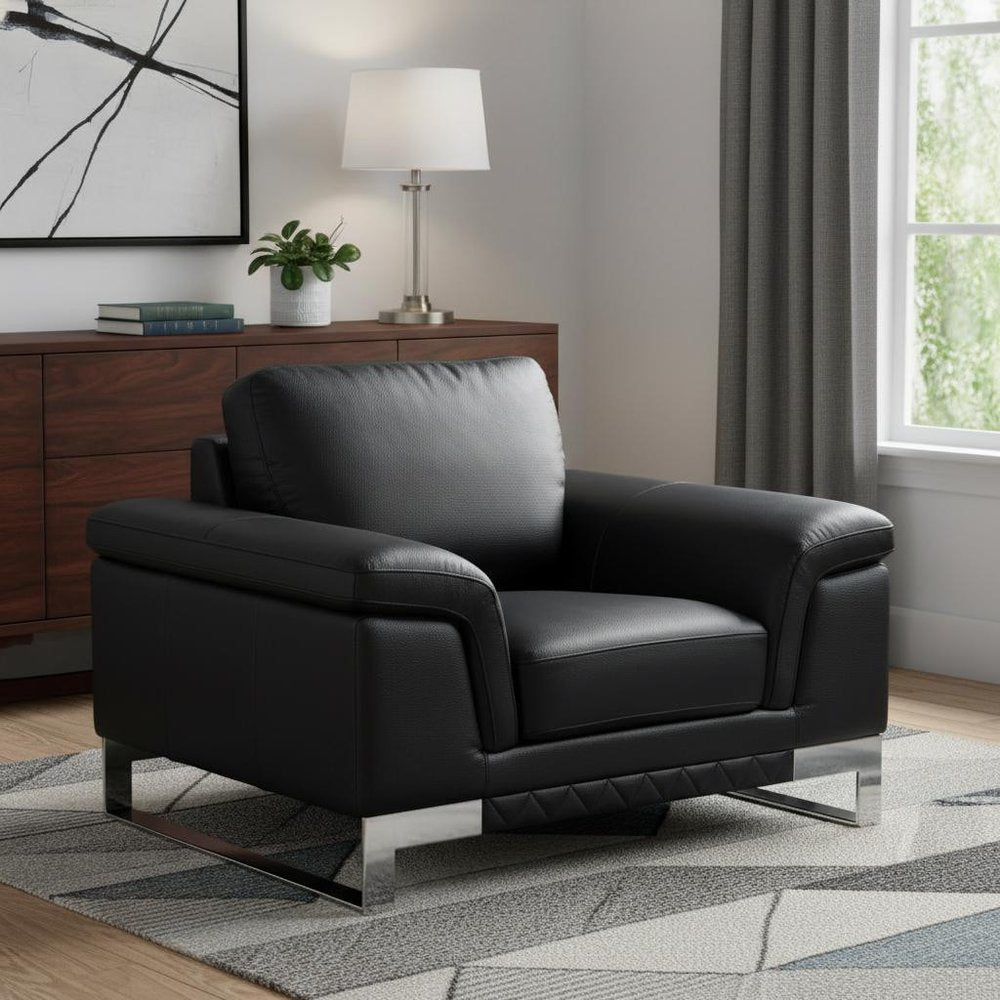 49" Black And Silver Genuine Leather Arm Chair