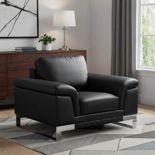 49" Black And Silver Genuine Leather Arm Chair