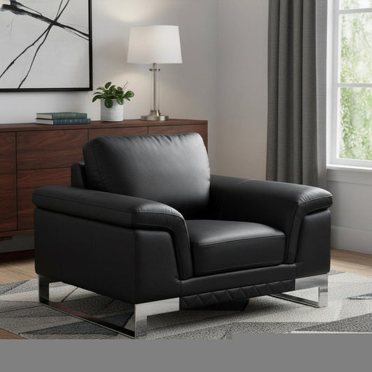 49" Black And Silver Genuine Leather Arm Chair