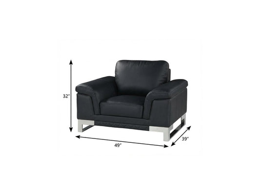 49" Black And Silver Genuine Leather Arm Chair